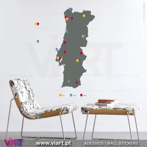 Mapa de Portugal com distritos! Vinis Autocolantes Decorativos de Parede -  Viart